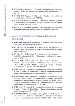 16
PROGRAMMED’ACCOMPAGNEMENTDESPROFESSIONNELS
«Règlesdel’ArtGrenelleEnvironnement2012»Neuf﻿
SYSTEMES CONSTRUCTIFS À OSSATURE BOIS – MAITRISE DES PERFORMANCES THERMIQUES
■■ XP DTU 40.5, Couverture — Travaux d'évacuation des  eaux plu-
viales — Cahier des  clauses techniques (indice de  classement : P
36-201).
■■ NF DTU 41.2, Travaux de  bâtiment — Revêtements extérieurs
en bois (indice de classement : P 65-210).
■■ NF DTU 43.4,Travaux de bâtiment —Toitures en éléments porteurs
en bois et panneaux dérivés du bois avec revêtements d'étanchéité
(indice de classement : P 84-207).
■■ NF DTU 44.1,Travaux de bâtiment – Étanchéité des joints de façade
par mise en œuvre de mastics (indice de classement : P85-210)
3.2. • Références normatives des règles
de calculs
■■ NF EN 1990, Eurocodes structuraux — Bases de calcul des struc-
tures (indice de classement : P 06-100-1).
■■ NF EN 1991-1-3, Eurocode 1 — Actions sur  les  structures —
Partie 1-3 : Actions générales — Charges de neige (indice de classe-
ment : P 06-113-1).
■■ NF EN 1991-1-4, Eurocode 1 — Actions sur  les  structures —
Partie 1-3 : Actions générales — Charges de vent (indice de classe-
ment : P 06-114-1).
■■ NF EN 1991-1-4/NA, Eurocode 1 : Actions sur  les  structures —
Partie 1-4 : Actions générales — Actions du vent — Annexe natio-
nale à  la  NF EN 1991-1-4:2005 — Actions générales — Charges
de vent (indice de classement : P 06-114-1/NA).
■■ NF EN 1995-1-1, Eurocode 5 — Conception et calcul des structures
en  bois — Partie  1-1 : Généralités — Règles communes et  règles
pour les bâtiments (indice de classement : P 21-711-1).
■■ NF EN 1995-1-1/NA, Eurocode 5 : Conception et  calcul des  struc-
tures en  bois — Partie  1-1 : Généralités — Règles communes
et règles pour les bâtiments — Annexe nationale à la NF EN 1995-1-
1:2008 — Généralités — Règles communes et règles pour les bâti-
ments (indice de classement : P 21-711-1/NA).
■■ NF EN 1995-1-2, Eurocode 5 — Conception et calcul des structures
en  bois — Partie  1-2 : Généralités — Calcul des  structures au  feu
(indice de classement : P 21-712-1).
■■ NF EN 1995-1-2/NA, Eurocode 5 : Conception et  calcul des  struc-
tures en  bois — Partie  1-2 : Généralités — Calcul des  structures
au feu — Annexe nationale à la NF EN 1995-1-2:2005 — Généralités
 