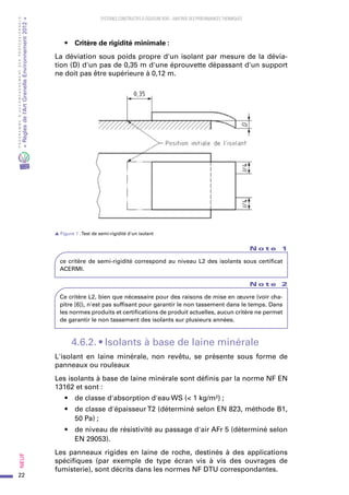 22
PROGRAMMED’ACCOMPAGNEMENTDESPROFESSIONNELS
«Règlesdel’ArtGrenelleEnvironnement2012»Neuf﻿
SYSTEMES CONSTRUCTIFS À OSSATURE BOIS – MAITRISE DES PERFORMANCES THERMIQUES
•	 Critère de rigidité minimale :
La déviation sous poids propre d'un isolant par mesure de la dévia-
tion (D) d'un pas de 0,35 m d'une éprouvette dépassant d'un support
ne doit pas être supérieure à 0,12 m.
s Figure 1 :Test de semi-rigidité d'un isolant
N o t e 1
ce critère de semi-rigidité correspond au niveau L2 des isolants sous certificat
ACERMI.
N o t e 2
Ce critère L2, bien que nécessaire pour des raisons de mise en œuvre (voir cha-
pitre [6]), n'est pas suffisant pour garantir le non tassement dans le temps. Dans
les normes produits et certifications de produit actuelles, aucun critère ne permet
de garantir le non tassement des isolants sur plusieurs années.
4.6.2. • Isolants à base de laine minérale
L'isolant en laine minérale, non revêtu, se présente sous forme de
panneaux ou rouleaux
Les isolants à base de laine minérale sont définis par la norme NF EN
13162 et sont :
•	 de classe d'absorption d'eau WS (< 1 kg/m²) ;
•	 de classe d'épaisseurT2 (déterminé selon EN 823, méthode B1,
50 Pa) ;
•	 de niveau de résistivité au passage d'air AFr 5 (déterminé selon
EN 29053).
Les panneaux rigides en laine de roche, destinés à des applications
spécifiques (par exemple de type écran vis à vis des ouvrages de
fumisterie), sont décrits dans les normes NF DTU correspondantes.
 