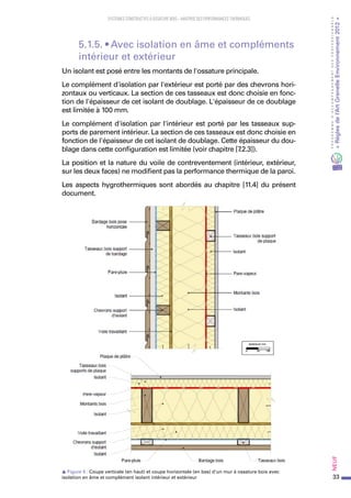 33
PROGRAMMED’ACCOMPAGNEMENTDESPROFESSIONNELS
«Règlesdel’ArtGrenelleEnvironnement2012»Neuf﻿
SYSTEMES CONSTRUCTIFS À OSSATURE BOIS – MAITRISE DES PERFORMANCES THERMIQUES
5.1.5. • Avec isolation en âme et compléments
intérieur et extérieur
Un isolant est posé entre les montants de l'ossature principale.
Le complément d'isolation par l'extérieur est porté par des chevrons hori-
zontaux ou verticaux. La section de ces tasseaux est donc choisie en fonc-
tion de l'épaisseur de cet isolant de doublage. L'épaisseur de ce doublage
est limitée à 100 mm.
Le complément d'isolation par l'intérieur est porté par les tasseaux sup-
ports de parement intérieur. La section de ces tasseaux est donc choisie en
fonction de l'épaisseur de cet isolant de doublage. Cette épaisseur du dou-
blage dans cette configuration est limitée (voir chapitre [7.2.3]).
La position et la nature du voile de contreventement (intérieur, extérieur,
sur les deux faces) ne modifient pas la performance thermique de la paroi.
Les aspects hygrothermiques sont abordés au chapitre [11.4] du présent
document.
s Figure 5 : Coupe verticale (en haut) et coupe horizontale (en bas) d'un mur à ossature bois avec
isolation en âme et complément isolant intérieur et extérieur
 
