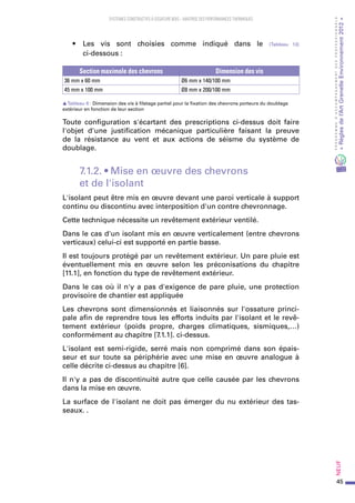45
PROGRAMMED’ACCOMPAGNEMENTDESPROFESSIONNELS
«Règlesdel’ArtGrenelleEnvironnement2012»Neuf﻿
SYSTEMES CONSTRUCTIFS À OSSATURE BOIS – MAITRISE DES PERFORMANCES THERMIQUES
•	 Les vis sont choisies comme indiqué dans le (Tableau 13)
ci-dessous :
Section maximale des chevrons Dimension des vis
36 mm x 60 mm Ø6 mm x 140/100 mm
45 mm x 100 mm Ø8 mm x 200/100 mm
sTableau 6  : Dimension des vis à filetage partiel pour la fixation des chevrons porteurs du doublage
extérieur en fonction de leur section
Toute configuration s'écartant des prescriptions ci-dessus doit faire
l'objet d'une justification mécanique particulière faisant la preuve
de la résistance au vent et aux actions de séisme du système de
doublage.
7.1.2. • Mise en œuvre des chevrons
et de l'isolant
L'isolant peut être mis en œuvre devant une paroi verticale à support
continu ou discontinu avec interposition d'un contre chevronnage.
Cette technique nécessite un revêtement extérieur ventilé.
Dans le cas d'un isolant mis en œuvre verticalement (entre chevrons
verticaux) celui-ci est supporté en partie basse.
Il est toujours protégé par un revêtement extérieur. Un pare pluie est
éventuellement mis en œuvre selon les préconisations du chapitre
[11.1], en fonction du type de revêtement extérieur.
Dans le cas où il n'y a pas d'exigence de pare pluie, une protection
provisoire de chantier est appliquée
Les chevrons sont dimensionnés et liaisonnés sur l'ossature princi-
pale afin de reprendre tous les efforts induits par l'isolant et le revê-
tement extérieur (poids propre, charges climatiques, sismiques,…)
conformément au chapitre [7.1.1]. ci-dessus.
L'isolant est semi-rigide, serré mais non comprimé dans son épais-
seur et sur toute sa périphérie avec une mise en œuvre analogue à
celle décrite ci-dessus au chapitre [6].
Il n'y a pas de discontinuité autre que celle causée par les chevrons
dans la mise en œuvre.
La surface de l'isolant ne doit pas émerger du nu extérieur des tas-
seaux. .
 