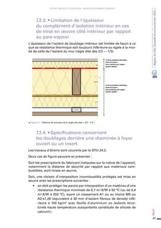 47
PROGRAMMED’ACCOMPAGNEMENTDESPROFESSIONNELS
«Règlesdel’ArtGrenelleEnvironnement2012»Neuf﻿
SYSTEMES CONSTRUCTIFS À OSSATURE BOIS – MAITRISE DES PERFORMANCES THERMIQUES
7.2.3. • Limitation de l'épaisseur
du complément d'isolation intérieur en cas
de mise en œuvre côté intérieur par rapport
au pare-vapeur
L'épaisseur de l'isolant de doublage intérieur est limitée de façon à ce
que sa résistance thermique soit toujours inférieure ou égale à la moi-
tié de celle de l'isolant du mur (règle dite des 2/3 — 1/3).
s Figure 17 : Schéma de principe de la règle dite des « 2/3 – 1/3 »
7.2.4. • Spécifications concernant
les doublages derrière une cheminée à foyer
ouvert ou un insert.
Les travaux d'âtrerie sont couverts par le DTU 24.2.
Deux cas de figure peuvent se présenter :
Soit les prescriptions du fabricant indiquées sur la notice de l'appareil,
notamment la distance de sécurité par rapport aux matériaux com-
bustibles, sont mises en œuvre,
Soit, une cloison d'interposition incombustible protégée est mise en
œuvre avec les prescriptions suivantes :
•	 on doit protéger les parois par interposition d'un matériau d'une
résistance thermique minimale de 0,7 m².K/W à 50 °C (ou de 0,4
m².K/W à 200 °C), ayant un classement A1 ou au moins M0 ou
A2-s1,d0 (équivalent à 30 mm d'isolant fibreux de densité infé-
rieure à 100  kg/m³ avec feuille d'aluminium ou isolants struc-
turels haute température autoportants constitués de silicate de
calcium) ;
 