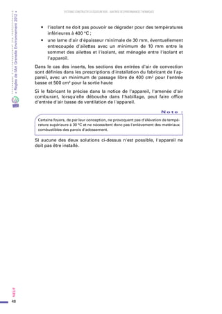 48
PROGRAMMED’ACCOMPAGNEMENTDESPROFESSIONNELS
«Règlesdel’ArtGrenelleEnvironnement2012»Neuf﻿
SYSTEMES CONSTRUCTIFS À OSSATURE BOIS – MAITRISE DES PERFORMANCES THERMIQUES
•	 l'isolant ne doit pas pouvoir se dégrader pour des températures
inférieures à 400 °C ;
•	 une lame d'air d'épaisseur minimale de 30 mm, éventuellement
entrecoupée d'ailettes avec un minimum de 10  mm entre le
sommet des ailettes et l'isolant, est ménagée entre l'isolant et
l'appareil.
Dans le cas des inserts, les sections des entrées d'air de convection
sont définies dans les prescriptions d'installation du fabricant de l'ap-
pareil, avec un minimum de passage libre de 400 cm² pour l'entrée
basse et 500 cm² pour la sortie haute
Si le fabricant le précise dans la notice de l'appareil, l'amenée d'air
comburant, lorsqu'elle débouche dans l'habillage, peut faire office
d'entrée d'air basse de ventilation de l'appareil.
N o t e   :
Certains foyers, de par leur conception, ne provoquent pas d'élévation de tempé-
rature supérieure à 30 °C et ne nécessitent donc pas l'enlèvement des matériaux
combustibles des parois d'adossement.
Si aucune des deux solutions ci-dessus n'est possible, l'appareil ne
doit pas être installé.
 