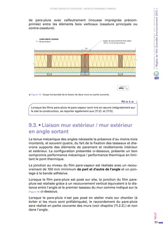 53
PROGRAMMED’ACCOMPAGNEMENTDESPROFESSIONNELS
«Règlesdel’ArtGrenelleEnvironnement2012»Neuf﻿
SYSTEMES CONSTRUCTIFS À OSSATURE BOIS – MAITRISE DES PERFORMANCES THERMIQUES
de pare-pluie avec calfeutrement (mousse imprégnée précom-
primée) entre les éléments bois verticaux (ossature principale ou
contre-ossature).
s Figure 18 : Coupe horizontale de la liaison de deux murs en partie courante.
N o t e   :
Lorsque les films pare-pluie et pare-vapeur sont mis en œuvre intégralement sur
le site la construction, se reporter également aux [11.2]. et [11.5].
9.3. • Liaison mur extérieur / mur extérieur
en angle sortant
La tenue mécanique des angles nécessite la présence d'au moins trois
montants, et souvent quatre, du fait de la fixation des tasseaux et che-
vrons supports des éléments de parement et revêtements intérieur
et extérieur. La configuration présentée ci-dessous, présente un bon
compromis performance mécanique / performance thermique en limi-
tant le pont thermique.
La jonction au niveau du film pare-vapeur est réalisée avec un recou-
vrement de 100 mm minimum de part et d'autre de l'angle et un pon-
tage à la bande adhésive.
Lorsque le film pare-pluie est posé sur site, la jonction du film pare-
pluie est réalisée grâce à un recouvrement vertical équivalent à la dis-
tance entre l'angle et le premier tasseau du mur comme indiqué sur la
(Figure 19) ci-dessous.
Lorsque le pare-pluie n'est pas posé en atelier mais sur chantier (à
éviter si les murs sont préfabriqués), le raccordement du pare-pluie
sera réalisé en partie courante des murs (voir chapitre [11.2.2].) et non
dans l'angle.
 