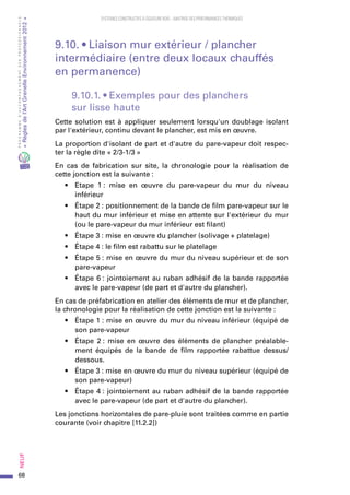 68
PROGRAMMED’ACCOMPAGNEMENTDESPROFESSIONNELS
«Règlesdel’ArtGrenelleEnvironnement2012»Neuf﻿
SYSTEMES CONSTRUCTIFS À OSSATURE BOIS – MAITRISE DES PERFORMANCES THERMIQUES
9.10. • Liaison mur extérieur / plancher
intermédiaire (entre deux locaux chauffés
en permanence)
9.10.1. • Exemples pour des planchers
sur lisse haute
Cette solution est à appliquer seulement lorsqu'un doublage isolant
par l'extérieur, continu devant le plancher, est mis en œuvre.
La proportion d'isolant de part et d'autre du pare-vapeur doit respec-
ter la règle dite « 2/3-1/3 »
En cas de fabrication sur site, la chronologie pour la réalisation de
cette jonction est la suivante :
•	 Etape 1 : mise en œuvre du pare-vapeur du mur du niveau
inférieur
•	 Étape 2 : positionnement de la bande de film pare-vapeur sur le
haut du mur inférieur et mise en attente sur l'extérieur du mur
(ou le pare-vapeur du mur inférieur est filant)
•	 Étape 3 : mise en œuvre du plancher (solivage + platelage)
•	 Étape 4 : le film est rabattu sur le platelage
•	 Étape 5 : mise en œuvre du mur du niveau supérieur et de son
pare-vapeur
•	 Étape 6 : jointoiement au ruban adhésif de la bande rapportée
avec le pare-vapeur (de part et d'autre du plancher).
En cas de préfabrication en atelier des éléments de mur et de plancher,
la chronologie pour la réalisation de cette jonction est la suivante :
•	 Étape 1 : mise en œuvre du mur du niveau inférieur (équipé de
son pare-vapeur
•	 Étape 2 : mise en œuvre des éléments de plancher préalable-
ment équipés de la bande de film rapportée rabattue dessus/
dessous.
•	 Étape 3 : mise en œuvre du mur du niveau supérieur (équipé de
son pare-vapeur)
•	 Étape 4 : jointoiement au ruban adhésif de la bande rapportée
avec le pare-vapeur (de part et d'autre du plancher).
Les jonctions horizontales de pare-pluie sont traitées comme en partie
courante (voir chapitre [11.2.2])
 
