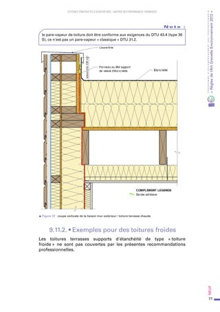 71
PROGRAMMED’ACCOMPAGNEMENTDESPROFESSIONNELS
«Règlesdel’ArtGrenelleEnvironnement2012»Neuf﻿
SYSTEMES CONSTRUCTIFS À OSSATURE BOIS – MAITRISE DES PERFORMANCES THERMIQUES
N o t e   :
le pare-vapeur de toiture doit être conforme aux exigences du DTU 43.4 (type 36
S), ce n'est pas un pare-vapeur « classique » DTU 31.2.
s Figure 37 : coupe verticale de la liaison mur extérieur / toiture terrasse chaude
9.11.2. • Exemples pour des toitures froides
Les toitures terrasses supports d'étanchéité de type « toiture
froide » ne sont pas couvertes par les présentes recommandations
professionnelles.
 