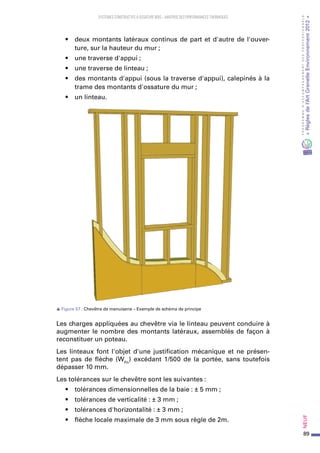 89
PROGRAMMED’ACCOMPAGNEMENTDESPROFESSIONNELS
«Règlesdel’ArtGrenelleEnvironnement2012»Neuf﻿
SYSTEMES CONSTRUCTIFS À OSSATURE BOIS – MAITRISE DES PERFORMANCES THERMIQUES
•	 deux montants latéraux continus de part et d'autre de l'ouver-
ture, sur la hauteur du mur ;
•	 une traverse d'appui ;
•	 une traverse de linteau ;
•	 des montants d'appui (sous la traverse d'appui), calepinés à la
trame des montants d'ossature du mur ;
•	 un linteau.
s Figure 57 : Chevêtre de menuiserie – Exemple de schéma de principe
Les charges appliquées au chevêtre via le linteau peuvent conduire à
augmenter le nombre des montants latéraux, assemblés de façon à
reconstituer un poteau.
Les linteaux font l'objet d'une justification mécanique et ne présen-
tent pas de flèche (Wfin
) excédant 1/500 de la portée, sans toutefois
dépasser 10 mm.
Les tolérances sur le chevêtre sont les suivantes :
•	 tolérances dimensionnelles de la baie : ± 5 mm ;
•	 tolérances de verticalité : ± 3 mm ;
•	 tolérances d'horizontalité : ± 3 mm ;
•	 flèche locale maximale de 3 mm sous règle de 2m.
 