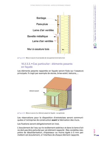 95
PROGRAMMED’ACCOMPAGNEMENTDESPROFESSIONNELS
«Règlesdel’ArtGrenelleEnvironnement2012»Neuf﻿
SYSTEMES CONSTRUCTIFS À OSSATURE BOIS – MAITRISE DES PERFORMANCES THERMIQUES
s Figure 62 : Mise en œuvre d'une bavette de recoupement de la lame d'air
10.2.3.3. • Cas particulier : éléments pesants
en façade
Les éléments pesants rapportés en façade seront fixés sur l'ossature
principale. Il s'agit par exemple de stores, brise-soleil, balcons,…
s Figure 63 : Mise en œuvre d'un élément pesant en façade – vue générale
Les réservations pour la disposition d'entretoises seront communi-
quées à l'entreprise de construction avant la fabrication des murs.
Les fixations seront obligatoirement en inox.
L'écoulement de l'eau sur le revêtement extérieur et dans la lame d'air
ne doit pas être perturbé par cet élément rapporté : Des rondelles néo-
prène de désolidarisation, d'épaisseur au moins égale à 5  mm per-
mettent cet écoulement, à l'interface de chaque élément rapporté.
 