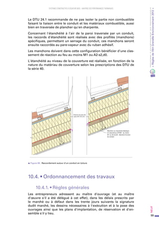 99
PROGRAMMED’ACCOMPAGNEMENTDESPROFESSIONNELS
«Règlesdel’ArtGrenelleEnvironnement2012»Neuf﻿
SYSTEMES CONSTRUCTIFS À OSSATURE BOIS – MAITRISE DES PERFORMANCES THERMIQUES
Le DTU 24.1 recommande de ne pas isoler la partie non combustible
faisant la liaison entre le conduit et les matériaux combustible, aussi
bien en traversée de plancher qu'en charpente.
Concernant l'étanchéité à l'air de la paroi traversée par un conduit,
les raccords d'étanchéité sont réalisés avec des profilés (manchons)
spécifiques, permettant un serrage du conduit, ces manchons seront
ensuite raccordés au pare-vapeur avec du ruban adhésif.
Les manchons doivent dans cette configuration bénéficier d'une clas-
sement de réaction au feu au moins M1 ou A2-s2,d0.
L'étanchéité au niveau de la couverture est réalisée, en fonction de la
nature du matériau de couverture selon les prescriptions des DTU de
la série 40.
s Figure 69 : Raccordement autour d'un conduit en toiture
10.4. • Ordonnancement des travaux
10.4.1. • Règles générales
Les entrepreneurs adressent au maître d'ouvrage (et au maître
d'œuvre s'il a été délégué à cet effet), dans les délais prescrits par
le marché ou à défaut dans les trente jours suivants la signature
dudit marché, les dessins nécessaires à l'exécution et à la pose des
ouvrages ainsi que les plans d'implantation, de réservation et d'en-
semble s'il y lieu.
 