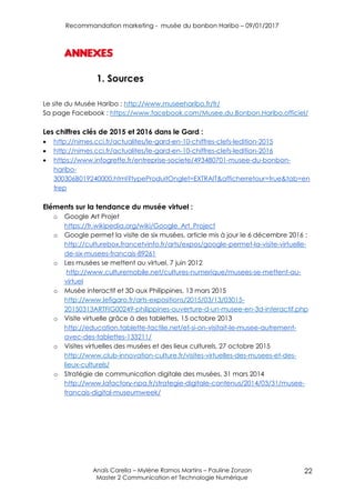 Recommandation marketing - musée du bonbon Haribo – 09/01/2017
Anaïs Carella – Mylène Ramos Martins – Pauline Zonzon
Master 2 Communication et Technologie Numérique
22
ANNEXES
1. Sources
Le site du Musée Haribo : http://www.museeharibo.fr/fr/
Sa page Facebook : https://www.facebook.com/Musee.du.Bonbon.Haribo.officiel/
Les chiffres clés de 2015 et 2016 dans le Gard :
 http://nimes.cci.fr/actualites/le-gard-en-10-chiffres-clefs-ledition-2015
 http://nimes.cci.fr/actualites/le-gard-en-10-chiffres-clefs-ledition-2016
 https://www.infogreffe.fr/entreprise-societe/493480701-musee-du-bonbon-
haribo-
300306B019240000.html?typeProduitOnglet=EXTRAIT&afficherretour=true&tab=en
trep
Eléments sur la tendance du musée virtuel :
o Google Art Projet
https://fr.wikipedia.org/wiki/Google_Art_Project
o Google permet la visite de six musées, article mis à jour le 6 décembre 2016 :
http://culturebox.francetvinfo.fr/arts/expos/google-permet-la-visite-virtuelle-
de-six-musees-francais-89261
o Les musées se mettent au virtuel, 7 juin 2012
http://www.culturemobile.net/cultures-numerique/musees-se-mettent-au-
virtuel
o Musée interactif et 3D aux Philippines, 13 mars 2015
http://www.lefigaro.fr/arts-expositions/2015/03/13/03015-
20150313ARTFIG00249-philippines-ouverture-d-un-musee-en-3d-interactif.php
o Visite virtuelle grâce à des tablettes, 15 octobre 2013
http://education.tablette-tactile.net/et-si-on-visitait-le-musee-autrement-
avec-des-tablettes-133211/
o Visites virtuelles des musées et des lieux culturels, 27 octobre 2015
http://www.club-innovation-culture.fr/visites-virtuelles-des-musees-et-des-
lieux-culturels/
o Stratégie de communication digitale des musées, 31 mars 2014
http://www.lafactory-npa.fr/strategie-digitale-contenus/2014/03/31/musee-
francais-digital-museumweek/
 