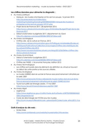Recommandation marketing - musée du bonbon Haribo – 09/01/2017
Anaïs Carella – Mylène Ramos Martins – Pauline Zonzon
Master 2 Communication et Technologie Numérique
23
Les chiffres/données pour alimenter le diagnostic :
 Au niveau politique
o Marques : les musées d'entreprise ont le vent en poupe, 16 janvier 2015
http://business.lesechos.fr/directions-
marketing/marketing/branding/0204083520338-marques-les-musees-d-
entreprise-ont-le-vent-en-poupe-107121.php
o Projet de loi de finances 2017, 28 septembre 2016
http://www.culturecommunication.gouv.fr/Ministere/Budget/Projet-de-loi-de-
finances-2017
o Débat d'orientation budgétaire 2017, département du Gard
http://fr.calameo.com/read/00058618987a918dacad0
 Au niveau sociologique
o Chiffres clés de la culture en France, 2015
http://www.culturecommunication.gouv.fr/Politiques-ministerielles/Etudes-et-
statistiques/Publications/Collections-d-ouvrages/Chiffres-cles-statistiques-de-
la-culture/Chiffres-cles-2015
http://www.nouveautourismeculturel.com/blog/2015/06/04/les-chiffres-cles-
de-la-culture-en-france/
 Au niveau économique
o Débat d’orientation budgétaire 2017,
http://fr.calameo.com/read/00058618987a918dacad0
o Chiffres de l’INSEE - L’économie Française, édition 2015
 Au niveau technologique
o Les chiffres sont puisés dans les éléments de définition du virtuel se trouvant
au début de cette partie sur les sources utilisées
 Au niveau écologique
o Le musée HARIBO dans le sud de la France sera prochainement climatisé par
le soleil, 2007
http://www.prnewswire.fr/news-releases/le-musee-haribo-dans-le-sud-de-la-
france-sera-prochainement-climatise-par-le-soleil-153440165.html
o Toute l'actualité de l'énergie solaire, 17 mai 2007
http://www.tecsol.fr/news/indexnews.asp?Id=1369
 Au niveau légal
o Légifrance
https://www.legifrance.gouv.fr/affichTexte.do?cidTexte=JORFTEXT0000004262
55&categorieLien=id
o Code de déontologie de l’ICOM pour les musées
http://icom.museum/fileadmin/user_upload/pdf/Codes/code_ethics2013_fr.p
df
Outil d’analyse du site web :
o Similar Web
https://www.similarweb.com/website/museeharibo.fr#overview
 