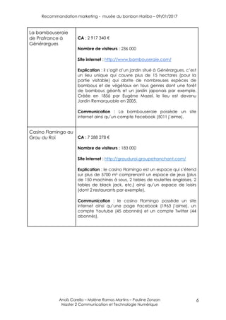 Recommandation marketing - musée du bonbon Haribo – 09/01/2017
Anaïs Carella – Mylène Ramos Martins – Pauline Zonzon
Master 2 Communication et Technologie Numérique
6
La bambouseraie
de Prafrance à
Générargues
CA : 2 917 340 €
Nombre de visiteurs : 236 000
Site internet : http://www.bambouseraie.com/
Explication : il s’agit d’un jardin situé à Générargues, c’est
un lieu unique qui couvre plus de 15 hectares (pour la
partie visitable) qui abrite de nombreuses espèces de
bambous et de végétaux en tous genres dont une forêt
de bambous géants et un jardin japonais par exemple.
Créée en 1856 par Eugène Mazel, le lieu est devenu
Jardin Remarquable en 2005.
Communication : La bambouseraie possède un site
internet ainsi qu’un compte Facebook (5011 j’aime).
Casino Flamingo au
Grau du Roi CA : 7 288 278 €
Nombre de visiteurs : 183 000
Site internet : http://grauduroi.groupetranchant.com/
Explication : le casino Flamingo est un espace qui s’étend
sur plus de 5700 m² comprenant un espace de jeux (plus
de 150 machines à sous, 2 tables de roulettes anglaises, 2
tables de black jack, etc.) ainsi qu’un espace de loisirs
(dont 2 restaurants par exemple).
Communication : le casino Flamingo possède un site
internet ainsi qu’une page Facebook (1963 j’aime), un
compte Youtube (45 abonnés) et un compte Twitter (44
abonnés).
 