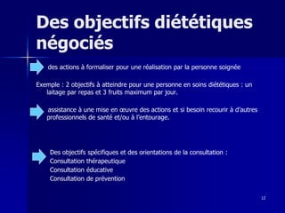 12
Des objectifs diététiques
négociés
des actions à formaliser pour une réalisation par la personne soignée
Exemple : 2 objectifs à atteindre pour une personne en soins diététiques : un
laitage par repas et 3 fruits maximum par jour.
assistance à une mise en œuvre des actions et si besoin recourir à d’autres
professionnels de santé et/ou à l’entourage.
Des objectifs spécifiques et des orientations de la consultation :
Consultation thérapeutique
Consultation éducative
Consultation de prévention
 