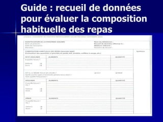 20
Guide : recueil de données
pour évaluer la composition
habituelle des repas
 