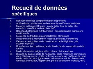 6
Recueil de données
spécifiques
1. Données cliniques complémentaires disponibles
2. Antécédents nutritionnels en lien avec le motif de consultation
3. Mesures anthropométriques : poids, taille, tour de taille, plis
cutanés, circonférence brachiale, IMC
4. Données biologiques nutritionnelles : exploitation des marqueurs
nutritionnels
5. Existence de troubles du comportement alimentaire
6. Indicateurs de la malnutrition (obésité, surpoids, dénutrition)
7. Existence de troubles de la mastication, de la déglutition, de
troubles digestifs
8. Données sur les conditions de vie :Mode de vie, composition de la
famille
9. Mode alimentaire religieux et/ou culturel, thérapeutique
10. Histoire du poids : poids de naissance, poids maximum et minimum
dans l’histoire de vie, poids de forme, épisodes et cinétique de prise
ou de perte de poids (grossesse, ménopause, décès, événements
familiaux ou sociaux, dépression, perte d’autonomie, maladie, etc.)
 