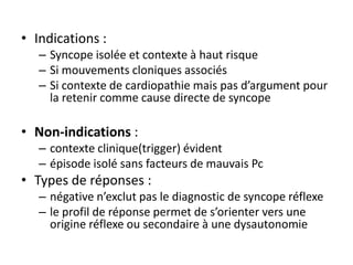• Indications :
– Syncope isolée et contexte à haut risque
– Si mouvements cloniques associés
– Si contexte de cardiopathie mais pas d’argument pour
la retenir comme cause directe de syncope
• Non-indications :
– contexte clinique(trigger) évident
– épisode isolé sans facteurs de mauvais Pc
• Types de réponses :
– négative n’exclut pas le diagnostic de syncope réflexe
– le profil de réponse permet de s’orienter vers une
origine réflexe ou secondaire à une dysautonomie
 