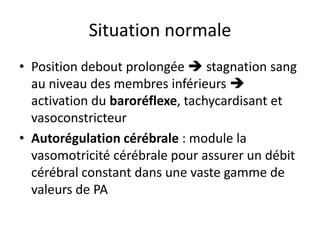 Situation normale
• Position debout prolongée  stagnation sang
au niveau des membres inférieurs 
activation du baroréflexe, tachycardisant et
vasoconstricteur
• Autorégulation cérébrale : module la
vasomotricité cérébrale pour assurer un débit
cérébral constant dans une vaste gamme de
valeurs de PA
 