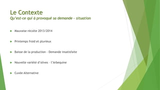 Le Contexte
Qu’est-ce qui à provoqué sa demande – situation
 Mauvaise récolte 2013/2014
 Printemps froid et pluvieux
 Baisse de la production – Demande insatisfaite
 Nouvelle variété d’olives – l’Arbequine
 Cuvée Alternative
 