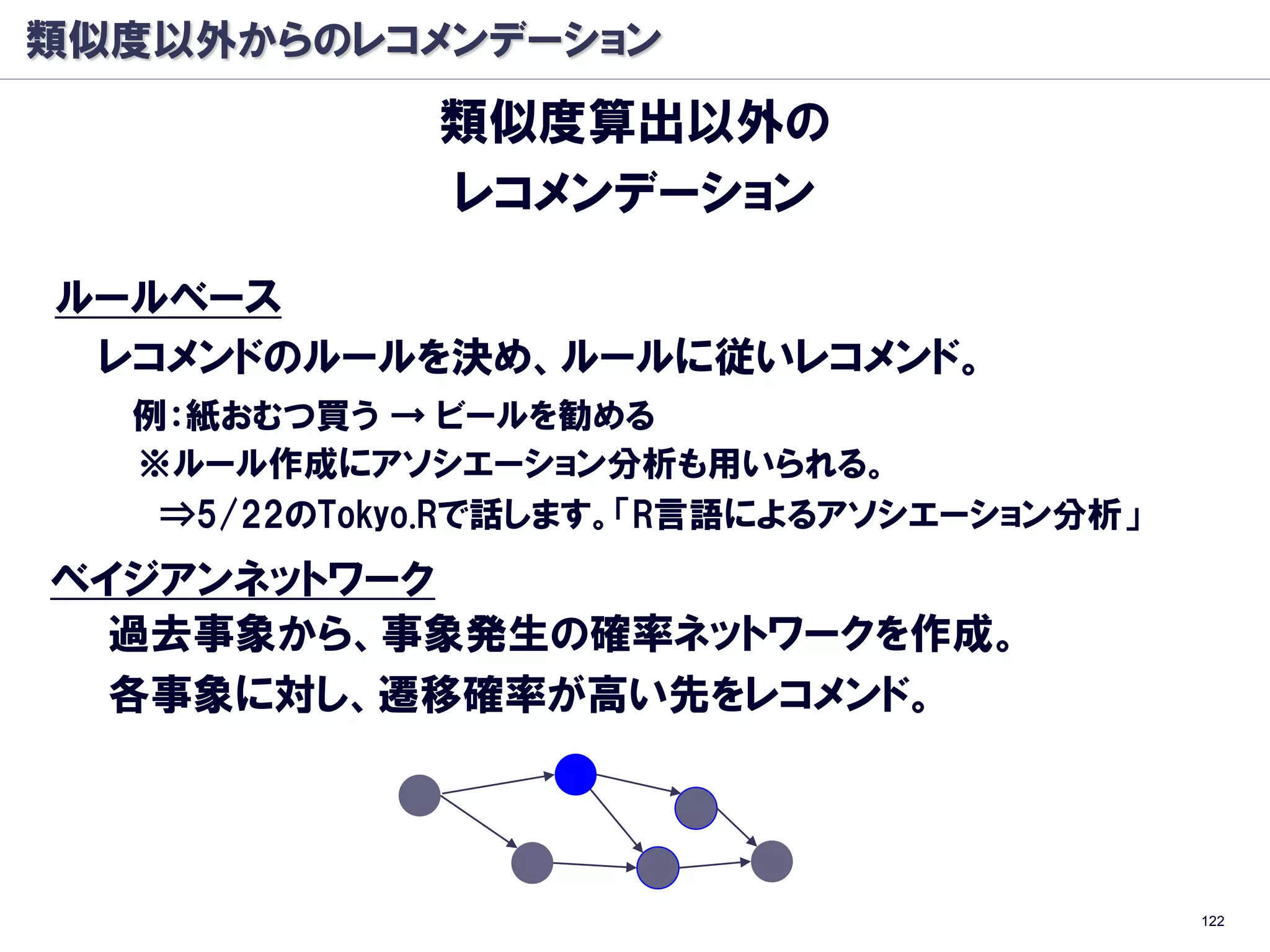 類似度以外からのレコメンデーション
             類似度算出以外の
             レコメンデーション

ルールベース
 レコメンドのルールを決め、ルールに従いレコメンド。
  例：紙おむつ買う → ビールを勧める
  ※ルール作成にアソシエーション分析も用いられる。
   ⇒5/22のTokyo.Rで話します。「R言語によるアソシエーション分析」
ベイジアンネットワーク
  過去事象から、事象発生の確率ネットワークを作成。
  各事象に対し、遷移確率が高い先をレコメンド。




                                           122
 