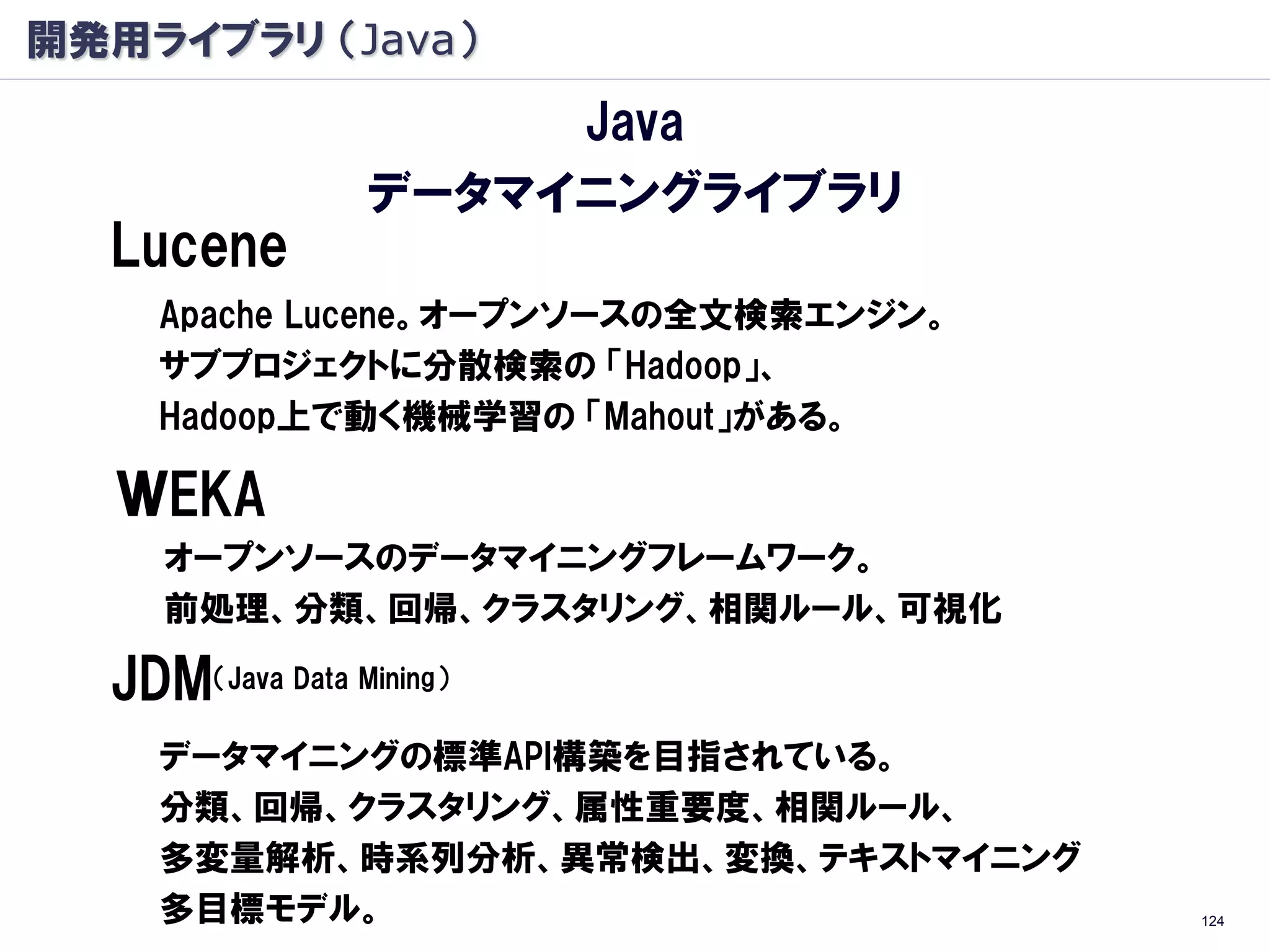 開発用ライブラリ （Java）
                      Java
                 データマイニングライブラリ
  Lucene
    Apache Lucene。オープンソースの全文検索エンジン。
    サブプロジェクトに分散検索の 「Hadoop」、
    Hadoop上で動く機械学習の 「Mahout」がある。

  ＷEKA
     オープンソースのデータマイニングフレームワーク。
     前処理、分類、回帰、クラスタリング、相関ルール、可視化

  JDM（Java Data Mining）
    データマイニングの標準API構築を目指されている。
    分類、回帰、クラスタリング、属性重要度、相関ルール、
    多変量解析、時系列分析、異常検出、変換、テキストマイニング
    多目標モデル。                           124
 