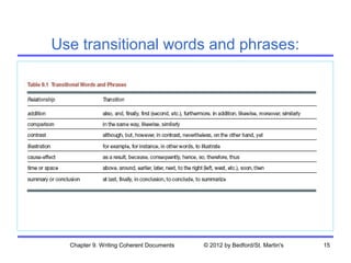 Use transitional words and phrases:




  Chapter 9. Writing Coherent Documents   © 2012 by Bedford/St. Martin's   15
 