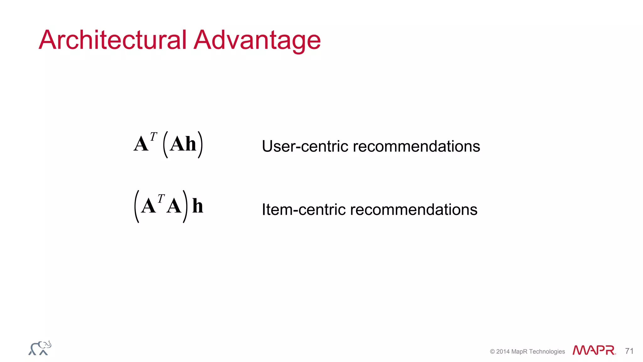 © 2014 MapR Technologies 71
Architectural Advantage
AT
Ah( )
AT
A( )h
User-centric recommendations
Item-centric recommendations
 