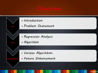 Overview
Intro
• Introduction
• Problem Statement
Why
• Regression Analysis
• Algorithm
Implementation
• Various Algorithms
• Future Enhancement
 