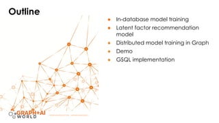 | GRAPHAIWORLD.COM | #GRAPHAIWORLD |
Outline
● In-database model training
● Latent factor recommendation
model
● Distributed model training in Graph
● Demo
● GSQL implementation
 