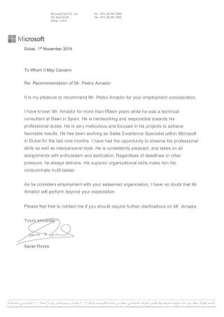 Recommendation letter from Xavier Rovira Rovira (Business Manager at Microsoft, Dubai)