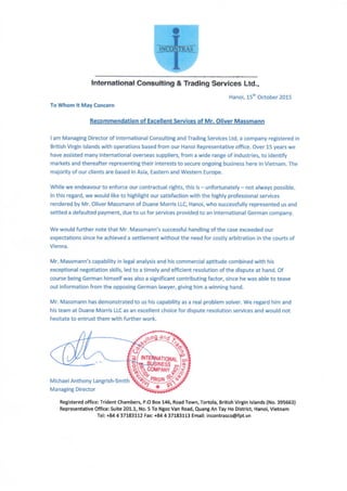 Recommendation of Excellent Services of Mr. Oliver Massmann - International Consulting and Trading Services Ltd