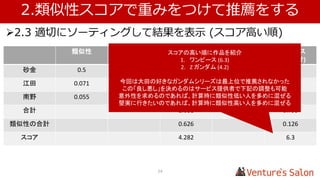 江田
南野
大田 砂金
0
1
2
3
4
5
6
0 1 2 3 4 5 6
ユニコーンガンダム
This is it
1.ユーザーどうしの類似性スコアを算出する
いくつかの方法があるが、例として理解しやすいユークリッド距離を使用
24
1.3 算出方法を選定
1
3 2
大田 (2,5) と 砂金(3,5) の距離 : 1
大田 (2,5) と 江田 (5,2) の距離 :
2 − 5 2 + (5 − 2)2= 9 + 9 = 18 = 3 2
2次元のユークリッド距離は上記のとおり単純な三角比計算
多次元の場合にも同じで、下記のような数式で計算
𝑝1 − 𝑞1
2 + 𝑝2 − 𝑞2
2 + ⋯ + (𝑝 𝑛 + 𝑞 𝑛)2
=
𝑖=1
𝑛
(𝑝𝑖−𝑞𝑖)2
 