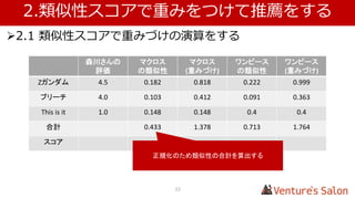 2.類似性スコアで重みをつけて推薦をする
33
2.2 正規化する
類似性 Z ガンダム Z ガンダム
(重みづけ)
ワンピース ワンピース
(重みづけ)
砂金 0.5 5.0 2.5 - -
江田 0.071 1.0 0.071 5.0 0.355
南野 0.055 2.0 0.11 4.0 0.44
合計 2.681 0.795
類似性の合計
スコア
多くの人に評価されるアイテムの点数が高くなる
これを正すための正規化が必要
合計点数を、評価者の類似度の合計で割ります
 