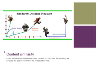 +
Content similarity
It can be content-to-content or cross content. To calculate the similarity we
can use the actual content or the metadata or both.
 