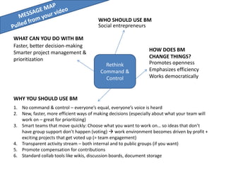 Faster, better decision-making
Smarter project management &
prioritization
Promotes openness
Emphasizes efficiency
Works democratically
WHAT CAN YOU DO WITH BM
HOW DOES BM
CHANGE THINGS?
WHY YOU SHOULD USE BM
1. No command & control – everyone’s equal, everyone’s voice is heard
2. New, faster, more efficient ways of making decisions (especially about what your team will
work on – great for prioritizing)
3. Smart teams that move quickly: Choose what you want to work on… so ideas that don’t
have group support don’t happen (voting)  work environment becomes driven by profit +
exciting projects that get voted up (= team engagement)
4. Transparent activity stream – both internal and to public groups (if you want)
5. Promote compensation for contributions
6. Standard collab tools like wikis, discussion boards, document storage
Social entrepreneurs
WHO SHOULD USE BM
Rethink
Command &
Control
 