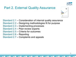 10
Part 2. External Quality Assurance
Standard 2.1 – Consideration of internal quality assurance
Standard 2.2 – Designing methodologies fit for purpose
Standard 2.3 – Implementing processes
Standard 2.4 – Peer-review experts
Standard 2.5 – Criteria for outcomes
Standard 2.6 – Reporting
Standard 2.7 – Complaints and appeals
 