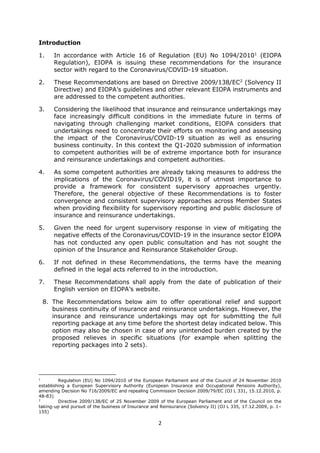 2
Introduction
1. In accordance with Article 16 of Regulation (EU) No 1094/20101
(EIOPA
Regulation), EIOPA is issuing thes...