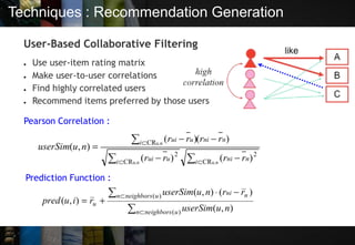 Techniques : Recommendation Generation
User-Based Collaborative Filtering
● Use user-item rating matrix
● Make user-to-user correlations
● Find highly correlated users
● Recommend items preferred by those users
Pearson Correlation :
Prediction Function :
 