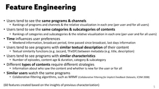 • Users tend to see the same programs & channels
• Rankings of programs and channels & the relative visualization in each one (per user and for all users)
• Users tend to see the same categories & subcategories of contents
• Rankings of categories and subcategories & the relative visualization in each one (per user and for all users)
• Time influences user preferences
• Weekend information, broadcast period, time passed since broadcast, last days information
• Users tend to see programs with similar textual description of their content
• Textual similarity functions (e.g. Jaccard, TFxIDF) between metadata (e.g. title, description)
• Users tend to see programs with similar characteristics
• Number of episodes, content age & duration, category & subcategory
• Different types of contents require different strategies
• Information about who saw the content and whether is new for the user or for all
• Similar users watch the same programs
• Colaborative-filtering algorithms, such as WRMF (Collaborative Filtering for Implicit Feedback Datasets, ICDM 2008)
(60 features created based on the insights of previous characterization)
5
 