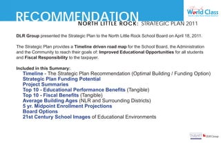 RECOMMENDATION STRATEGIC PLAN 2011
       NORTH LITTLE ROCK:
                                                                                       North Little Rock School District




DLR Group presented the Strategic Plan to the North Little Rock School Board on April 18, 2011.

The Strategic Plan provides a Timeline driven road map for the School Board, the Administration
and the Community to reach their goals of: Improved Educational Opportunities for all students
and Fiscal Responsibility to the taxpayer.

Included in this Summary:
   Timeline - The Strategic Plan Recommendation (Optimal Building / Funding Option)
   Strategic Plan Funding Potential
   Project Summaries
   Top 10 - Educational Performance Beneﬁts (Tangible)
   Top 10 - Fiscal Beneﬁts (Tangible)
   Average Building Ages (NLR and Surrounding Districts)
   5 yr. Midpoint Enrollment Projections
   Board Options
   21st Century School Images of Educational Environments


                                                                                                          DLR Group
 