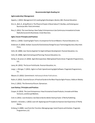 Recommended Agile Reading List
Agile Leadership/ Management
Appelo,J.(2013). Management3.0: LeadingAgile Developers.Boston,MA.:PearsonEducation.
Kim,G., Behr,K.,& Spafford,G. The Phoenix Project:A Novel aboutIT,DevOps,andhelpingyour
BusinessesWin.PartsUnlimited.
Ries,E. (2011). The LeanStartup: HowToday’sEntrepreneursUse ContinuousInnovationtoCreate
RadicallySuccessful Businesses.CrownBusiness.
Agile / Scrum PrinciplesandPractices
Adkins,L.(2010). CoachingAgile Teams:A companionforScrumMasters.PearsonEducation,Inc.
Anderson,D.(2010). Kanban:Successful EvolutionaryChange foryourTechnologyBusiness.Blue Hole
Press.
Cohn,M. (2004). User StoriesApplied:ForAgile Software Development.PearsonEducation,Inc.
Cohn,M. (2006). Agile EstimatingandPlanning.PearsonEducation,Inc.
Derby,E. & Larsen,D. (2010). Agile Retrospectives:MakingGoodTeamsGreat.PragmaticProgrammers,
LLC.
Lacey,M. (2012). The Scrum FieldGuide.PearsonEducation,Inc.
Langr, J.,Ottinger,T.(2011). Agile ina Flash:SpeedLearningAgile Software.PragmaticProgrammers,
Inc.
Massen,O. (2013). Commitment. Hathawayte Brake Publications.
Rubin,K.(2012). Essential Scrum:A Practical Guide to the Most PopularAgile Process.Addison-Wesley.
Sims,C.(2011). The Elementsof Scrum.Dymaxicon.
Lean Startup / Principlesand Practices
Cooper,B.(2013). The LeanEntrepreneur:How VisionariesCreate Products,Innovate withNew
Ventures,andDisruptMarkets.
Croll,A.(2011). LeanAnalytics:Use Data to Builda BetterStartupFaster.O’ReillyPublishing.
Gothelf,J.& Seiden,J.(2013).Lean UX: ApplyingLeanPrinciplestoImprove UserExperience.O’Reilly
Media.
Kniberg,H.(2009). Leanfromthe Trenches:ManagingLarge-Scale Projects withKanban.Pragmatic
Programmers,LLC.
 