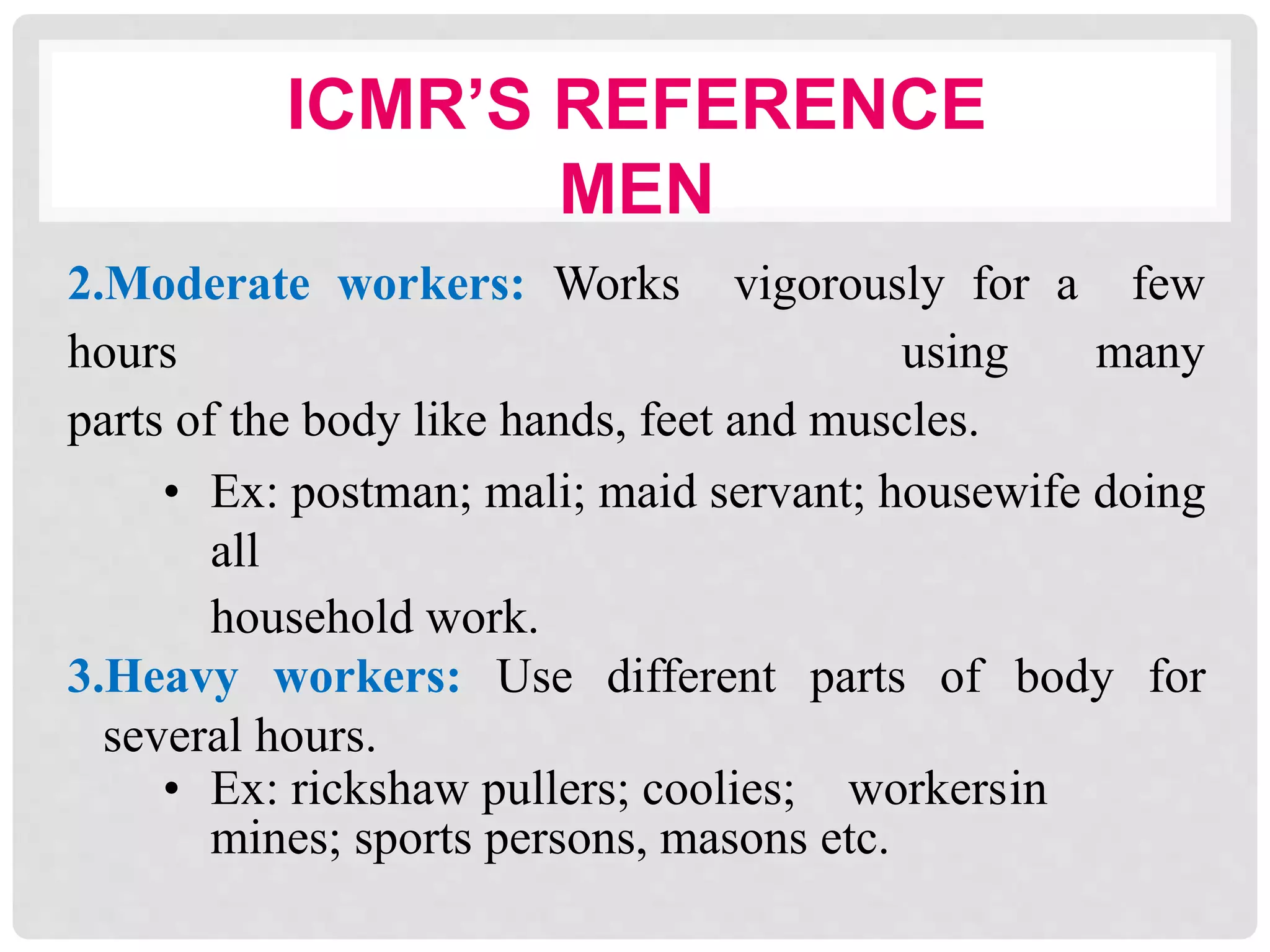 ICMR’S REFERENCE
MEN
2.Moderate workers: Works vigorously for a few
hours using many
parts of the body like hands, feet and muscles.
• Ex: postman; mali; maid servant; housewife doing
all
household work.
3.Heavy workers: Use different parts of body for
several hours.
• Ex: rickshaw pullers; coolies; workersin
mines; sports persons, masons etc.
 