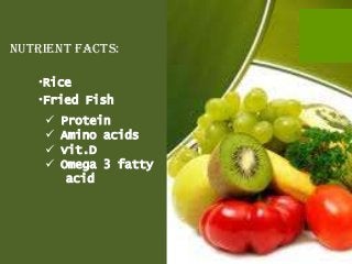 Nutrient facts:

   •Rice
   •Fried Fish
       Protein
       Amino acids
       vit.D
       Omega 3 fatty
         acid
 