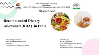 Recommended Dietary
Allowances(RDA) in India
1
Shri Vishnu College of Pharmacy
(Autonomous)
(Estd: 1997; Affiliated to A.U. Visakhapatnam, Approved by AICTE & PCI
MRA 204T- Unit 3
Under the guidance of:
Dr.Lakshmi Prashanti Nori
Professor
Department of Regulatory Affairs
Presented by:
Ms.M.Jyothirmai
1st M.Pharm (Regulatory Affairs)
Reg no : 222305
Shri Vishnu College of Pharmacy
 