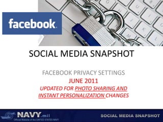 SOCIAL MEDIA SNAPSHOT FACEBOOK PRIVACY SETTINGS JUNE 2011 UPDATED FOR PHOTO SHARING AND  INSTANT PERSONALIZATION CHANGES 