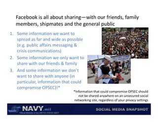 Facebook is all about sharing—with our friends, family 
   members, shipmates and the general public
        b     hi     t     d th       l bli
1. Some information we want to 
   spread as far and wide as possible 
          d f        d id          ibl
   (e.g. public affairs messaging & 
   crisis communications)
2. Some information we only want to 
   share with our friends & family
3. And some information we don’t 
      d          f             d ’
   want to share with anyone (in 
   p
   particular, information that could 
   compromise OPSEC)!*
                                *Information that could compromise OPSEC should 
                                   not be shared anywhere on an unsecured social 
                                networking site, regardless of your privacy settings
                                   t   ki    it       dl     f        i       tti
 