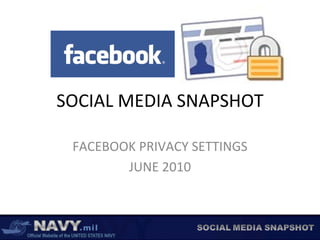 SOCIAL MEDIA SNAPSHOT

 FACEBOOK PRIVACY SETTINGS
        JUNE 2010
 