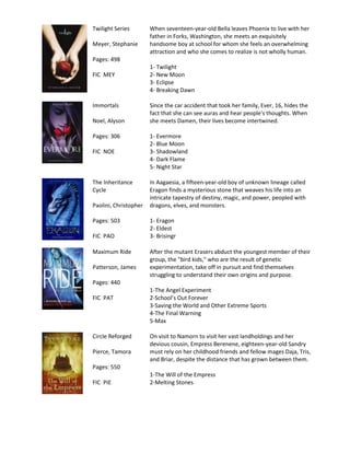 Twilight Series        When seventeen-year-old Bella leaves Phoenix to live with her
                       father in Forks, Washington, she meets an exquisitely
Meyer, Stephanie       handsome boy at school for whom she feels an overwhelming
                       attraction and who she comes to realize is not wholly human.
Pages: 498
                       1- Twilight
FIC MEY                2- New Moon
                       3- Eclipse
                       4- Breaking Dawn

Immortals              Since the car accident that took her family, Ever, 16, hides the
                       fact that she can see auras and hear people's thoughts. When
Noel, Alyson           she meets Damen, their lives become intertwined.

Pages: 306             1- Evermore
                       2- Blue Moon
FIC NOE                3- Shadowland
                       4- Dark Flame
                       5- Night Star

The Inheritance        In Aagaesia, a fifteen-year-old boy of unknown lineage called
Cycle                  Eragon finds a mysterious stone that weaves his life into an
                       intricate tapestry of destiny, magic, and power, peopled with
Paolini, Christopher   dragons, elves, and monsters.

Pages: 503             1- Eragon
                       2- Eldest
FIC PAO                3- Brisingr

Maximum Ride           After the mutant Erasers abduct the youngest member of their
                       group, the "bird kids," who are the result of genetic
Patterson, James       experimentation, take off in pursuit and find themselves
                       struggling to understand their own origins and purpose.
Pages: 440
                       1-The Angel Experiment
FIC PAT                2-School’s Out Forever
                       3-Saving the World and Other Extreme Sports
                       4-The Final Warning
                       5-Max

Circle Reforged        On visit to Namorn to visit her vast landholdings and her
                       devious cousin, Empress Berenene, eighteen-year-old Sandry
Pierce, Tamora         must rely on her childhood friends and fellow mages Daja, Tris,
                       and Briar, despite the distance that has grown between them.
Pages: 550
                       1-The Will of the Empress
FIC PIE                2-Melting Stones
 