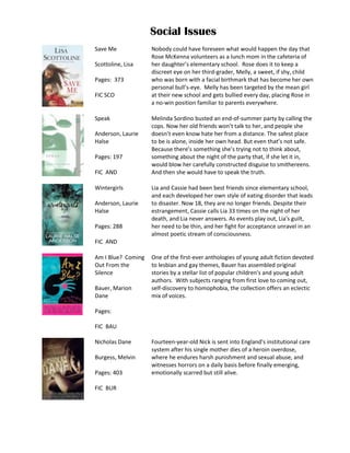 Social Issues
Save Me             Nobody could have foreseen what would happen the day that
                    Rose McKenna volunteers as a lunch mom in the cafeteria of
Scottoline, Lisa    her daughter’s elementary school. Rose does it to keep a
                    discreet eye on her third-grader, Melly, a sweet, if shy, child
Pages: 373          who was born with a facial birthmark that has become her own
                    personal bull’s-eye. Melly has been targeted by the mean girl
FIC SCO             at their new school and gets bullied every day, placing Rose in
                    a no-win position familiar to parents everywhere.

Speak               Melinda Sordino busted an end-of-summer party by calling the
                    cops. Now her old friends won’t talk to her, and people she
Anderson, Laurie    doesn’t even know hate her from a distance. The safest place
Halse               to be is alone, inside her own head. But even that’s not safe.
                    Because there’s something she’s trying not to think about,
Pages: 197          something about the night of the party that, if she let it in,
                    would blow her carefully constructed disguise to smithereens.
FIC AND             And then she would have to speak the truth.

Wintergirls         Lia and Cassie had been best friends since elementary school,
                    and each developed her own style of eating disorder that leads
Anderson, Laurie    to disaster. Now 18, they are no longer friends. Despite their
Halse               estrangement, Cassie calls Lia 33 times on the night of her
                    death, and Lia never answers. As events play out, Lia's guilt,
Pages: 288          her need to be thin, and her fight for acceptance unravel in an
                    almost poetic stream of consciousness.
FIC AND

Am I Blue? Coming   One of the first-ever anthologies of young adult fiction devoted
Out From the        to lesbian and gay themes, Bauer has assembled original
Silence             stories by a stellar list of popular children's and young adult
                    authors. With subjects ranging from first love to coming out,
Bauer, Marion       self-discovery to homophobia, the collection offers an eclectic
Dane                mix of voices.

Pages:

FIC BAU

Nicholas Dane       Fourteen-year-old Nick is sent into England's institutional care
                    system after his single mother dies of a heroin overdose,
Burgess, Melvin     where he endures harsh punishment and sexual abuse, and
                    witnesses horrors on a daily basis before finally emerging,
Pages: 403          emotionally scarred but still alive.

FIC BUR
 