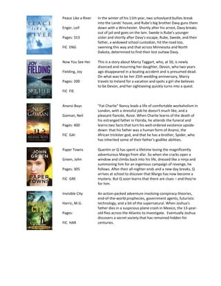 Peace Like a River   In the winter of his 11th year, two schoolyard bullies break
                     into the Lands' house, and Rube's big brother Davy guns them
Enger, Leif          down with a Winchester. Shortly after his arrest, Davy breaks
                     out of jail and goes on the lam. Swede is Rube's younger
Pages: 313           sister and shortly after Davy's escape, Rube, Swede, and their
                     father, a widowed school custodian, hit the road too,
FIC ENG              swerving this way and that across Minnesota and North
                     Dakota, determined to find their lost outlaw Davy.

Now You See Her      This is a story about Marcy Taggart, who, at 50, is newly
                     divorced and mourning her daughter, Devon, who two years
Fielding, Joy        ago disappeared in a boating accident and is presumed dead.
                     On what was to be her 25th wedding anniversary, Marcy
Pages: 200           travels to Ireland for a vacation and spots a girl she believes
                     to be Devon, and her sightseeing quickly turns into a quest.
FIC FIE


Anansi Boys          "Fat Charlie" Nancy leads a life of comfortable workaholism in
                     London, with a stressful job he doesn't much like, and a
Gaiman, Neil         pleasant fiancée, Rosie. When Charlie learns of the death of
                     his estranged father in Florida, he attends the funeral and
Pages: 400           learns two facts that turn his well-ordered existence upside-
                     down: that his father was a human form of Anansi, the
FIC GAI              African trickster god, and that he has a brother, Spider, who
                     has inherited some of their father's godlike abilities.

Paper Towns          Quentin or Q has spent a lifetime loving the magnificently
                     adventurous Margo from afar. So when she cracks open a
Green, John          window and climbs back into his life, dressed like a ninja and
                     summoning him for an ingenious campaign of revenge, he
Pages: 305           follows. After their all-nighter ends and a new day breaks, Q
                     arrives at school to discover that Margo has now become a
FIC GRE              mystery. But Q soon learns that there are clues – and they're
                     for him.

Invisible City       An action-packed adventure involving conspiracy theories,
                     end-of-the-world prophecies, government agents, futuristic
Harric, M.G.         technology, and a bit of the supernatural. When Joshua's
                     father dies in a suspicious plane crash in Mexico, the 13-year-
Pages:               old flies across the Atlantic to investigate. Eventually Joshua
                     discovers a secret society that has remained hidden for
FIC HAR              centuries.
 