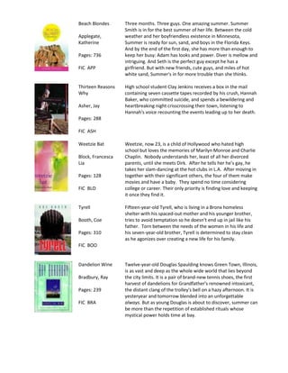 Beach Blondes      Three months. Three guys. One amazing summer. Summer
                   Smith is in for the best summer of her life. Between the cold
Applegate,         weather and her boyfriendless existence in Minnesota,
Katherine          Summer is ready for sun, sand, and boys in the Florida Keys.
                   And by the end of the first day, she has more than enough to
Pages: 736         keep her busy: Adam has looks and power. Diver is mellow and
                   intriguing. And Seth is the perfect guy except he has a
FIC APP            girlfriend. But with new friends, cute guys, and miles of hot
                   white sand, Summer's in for more trouble than she thinks.

Thirteen Reasons   High school student Clay Jenkins receives a box in the mail
Why                containing seven cassette tapes recorded by his crush, Hannah
                   Baker, who committed suicide, and spends a bewildering and
Asher, Jay         heartbreaking night crisscrossing their town, listening to
                   Hannah's voice recounting the events leading up to her death.
Pages: 288

FIC ASH

Weetzie Bat        Weetzie, now 23, is a child of Hollywood who hated high
                   school but loves the memories of Marilyn Monroe and Charlie
Block, Francesca   Chaplin. Nobody understands her, least of all her divorced
Lia                parents, until she meets Dirk. After he tells her he’s gay, he
                   takes her slam-dancing at the hot clubs in L.A. After moving in
Pages: 128         together with their significant others, the four of them make
                   movies and have a baby. They spend no time considering
FIC BLO            college or career. Their only priority is finding love and keeping
                   it once they find it.

Tyrell             Fifteen-year-old Tyrell, who is living in a Bronx homeless
                   shelter with his spaced-out mother and his younger brother,
Booth, Coe         tries to avoid temptation so he doesn’t end up in jail like his
                   father. Torn between the needs of the women in his life and
Pages: 310         his seven-year-old brother, Tyrell is determined to stay clean
                   as he agonizes over creating a new life for his family.
FIC BOO


Dandelion Wine     Twelve-year-old Douglas Spaulding knows Green Town, Illinois,
                   is as vast and deep as the whole wide world that lies beyond
Bradbury, Ray      the city limits. It is a pair of brand-new tennis shoes, the first
                   harvest of dandelions for Grandfather's renowned intoxicant,
Pages: 239         the distant clang of the trolley's bell on a hazy afternoon. It is
                   yesteryear and tomorrow blended into an unforgettable
FIC BRA            always. But as young Douglas is about to discover, summer can
                   be more than the repetition of established rituals whose
                   mystical power holds time at bay.
 