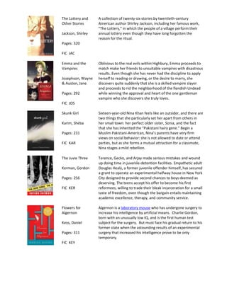 The Lottery and    A collection of twenty-six stories by twentieth-century
Other Stories      American author Shirley Jackson, including her famous work,
                   "The Lottery," in which the people of a village perform their
Jackson, Shirley   annual lottery even though they have long forgotten the
                   reason for the ritual.
Pages: 320

FIC JAC

Emma and the       Oblivious to the real evils within Highbury, Emma proceeds to
Vampires           match make her friends to unsuitable vampires with disastrous
                   results. Even though she has never had the discipline to apply
Josephson, Wayne   herself to reading or drawing, or the desire to marry, she
& Austen, Jane     discovers quite suddenly that she is a skilled vampire slayer
                   and proceeds to rid the neighborhood of the fiendish Undead
Pages: 292         while winning the approval and heart of the one gentleman
                   vampire who she discovers she truly loves.
FIC JOS

Skunk Girl         Sixteen-year-old Nina Khan feels like an outsider, and there are
                   two things that she particularly set her apart from others in
Karim, Sheba       her small town: her perfect older sister, Sonia, and the fact
                   that she has inherited the “Pakistani hairy gene.” Begin a
Pages: 231         Muslim Pakistani-American, Nina’s parents have very firm
                   views on social behavior: she is not allowed to date or attend
FIC KAR            parties, but as she forms a mutual attraction for a classmate,
                   Nina stages a mild rebellion.

The Juvie Three    Terence, Gecko, and Arjay made serious mistakes and wound
                   up doing time in juvenile-detention facilities. Empathetic adult
Kerman, Gordon     Douglas Healy, a former juvenile offender himself, has secured
                   a grant to operate an experimental halfway house in New York
Pages: 256         City designed to provide second chances to boys deemed as
                   deserving. The teens accept his offer to become his first
FIC KER            reformees, willing to trade their bleak incarceration for a small
                   taste of freedom, even though the bargain entails maintaining
                   academic excellence, therapy, and community service.

Flowers for        Algernon is a laboratory mouse who has undergone surgery to
Algernon           increase his intelligence by artificial means. Charlie Gordon,
                   born with an unusually low IQ, and is the first human test
Keys, Daniel       subject for the surgery. But must face his gradual return to his
                   former state when the astounding results of an experimental
Pages: 311         surgery that increased his intelligence prove to be only
                   temporary.
FIC KEY
 